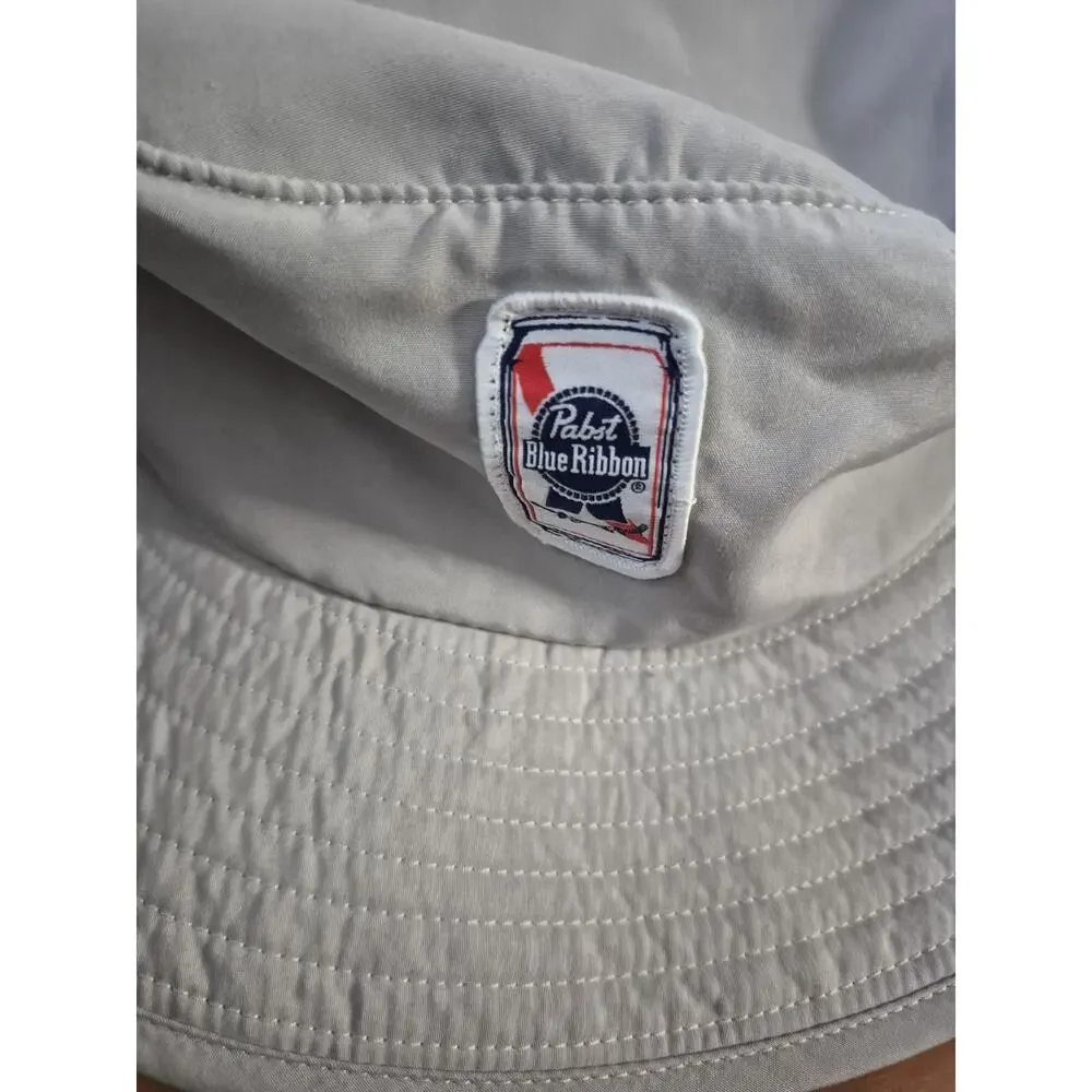 Pabst Blue Ribbon Beer Grey Drawsring Bucket Safari Hat Cap Lightweight s33